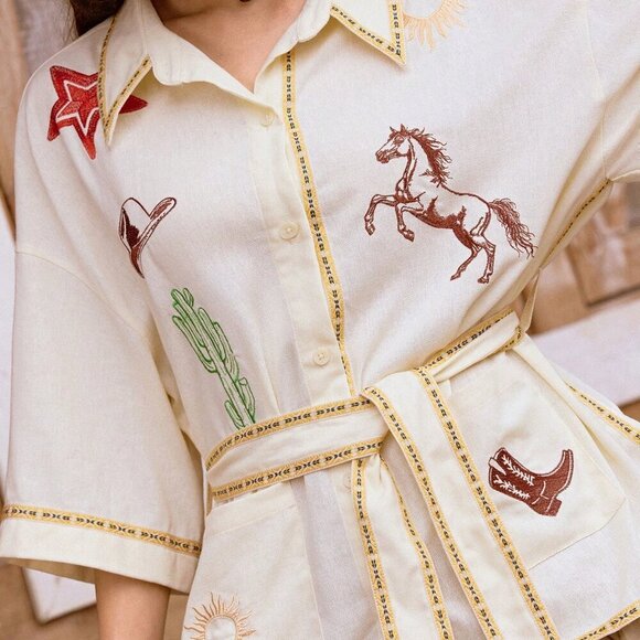 White Casual Women's Western Embroidered detailed belted button down top